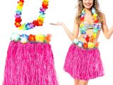 Hawaii Luau Aloha Pembe Püsküllü 40 cm Etek ve Hawaii Kolye Seti