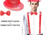 Kırmızı Payetli Şapka ve Papyon Seti – Parıltılı Yetişkin Kostüm Seti