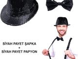 Siyah Payetli Şapka ve Papyon Seti – Parıltılı Yetişkin Kostüm Seti