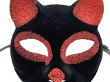 Siyah Kırmızı Simli Süet Kedi Maskesi